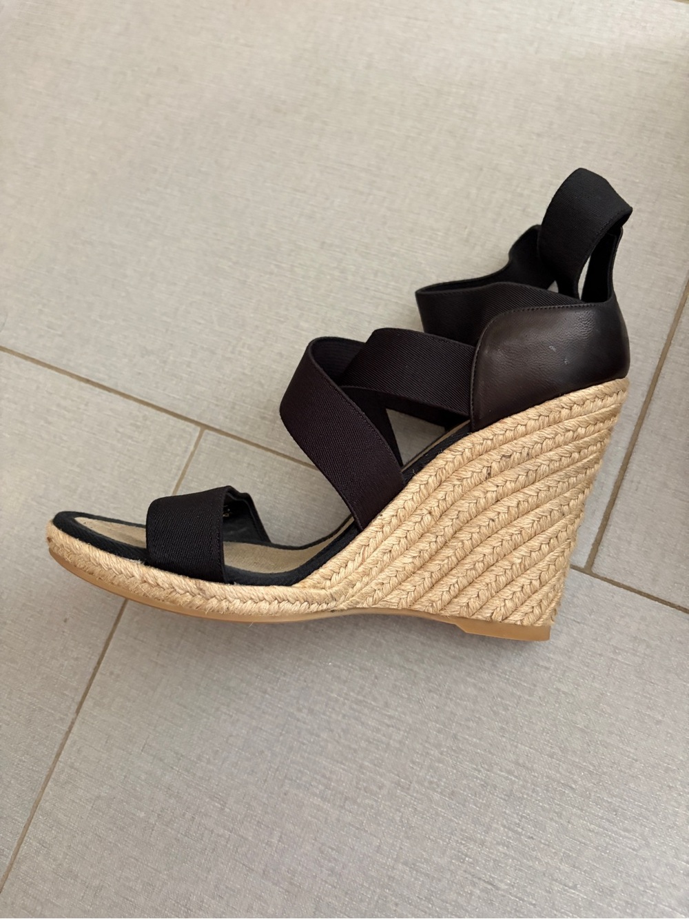 Club Monaco Black Elastic Strap Espadrille Wedge Sandals